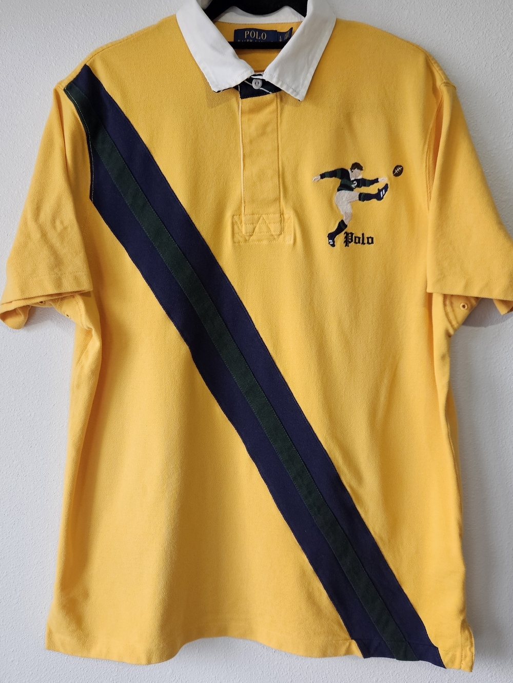 Polo by Ralph Lauren Yellow Rugby Polo with Navy & Green Diagonal Stripes Size L